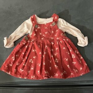 Floral Red Corduroy Dress with Light Pink Long Trumpet Sleeve